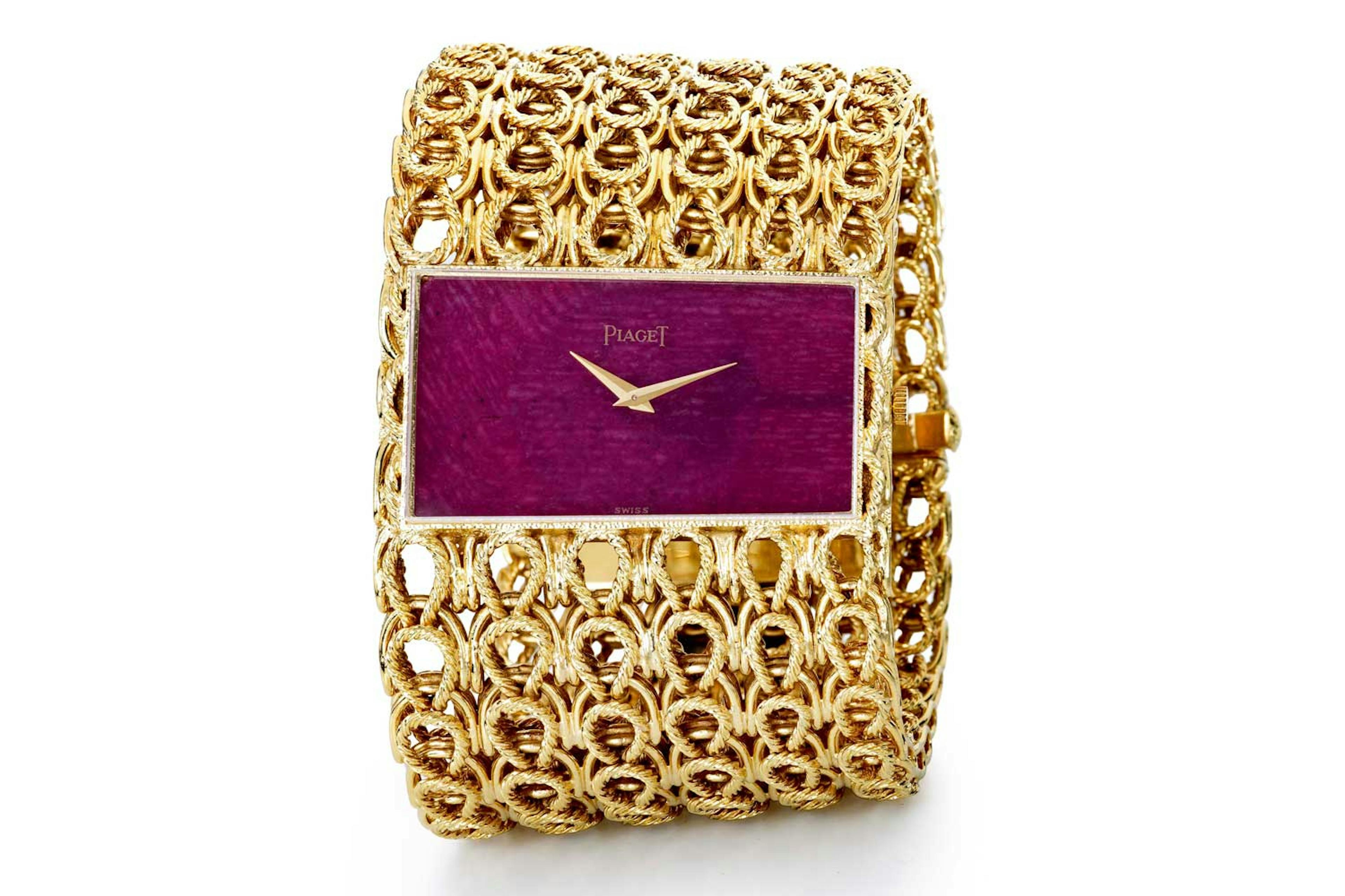 A Piaget Bracelet Watch from the 1960s made of gold chain and with a coloured semi-precious stone dial. Image courtesy of Diamondsbyraymondlee.com