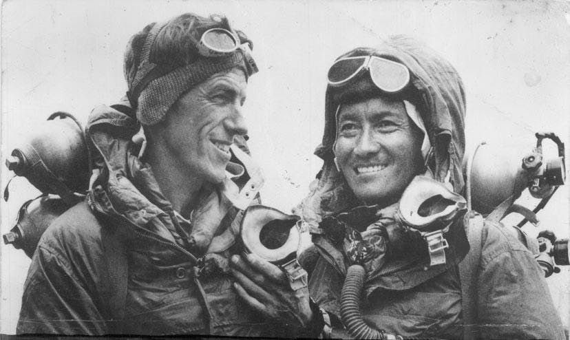 Edmund Hillary and Tenzing Norgay, after completing the summit of Everest
