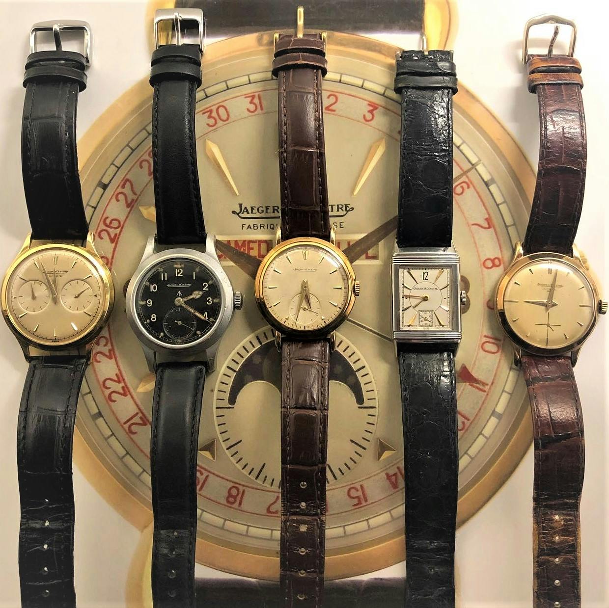 Five Jaeger LeCoultre Watches - From Right to Left: Futurematic, WWW "Dirty Dozen" Calibre 479, Gold Men's Watch, Reverso from 1946, Gold Men's Watch