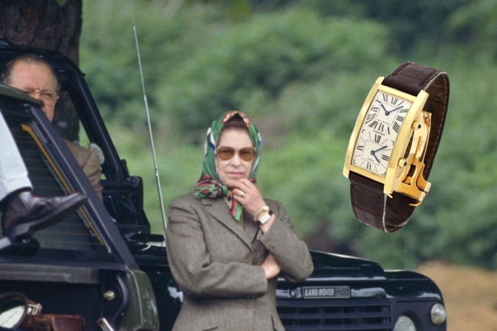 The Queen is seen wearing a Cartier Cintree Dual Time in Gold