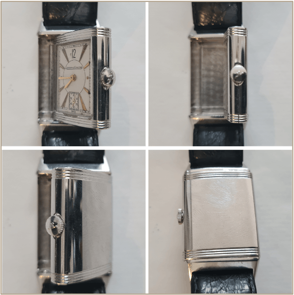 A vintage Jaeger Le Coultre Reverso, showing how the case can fold over to protect the Glass.