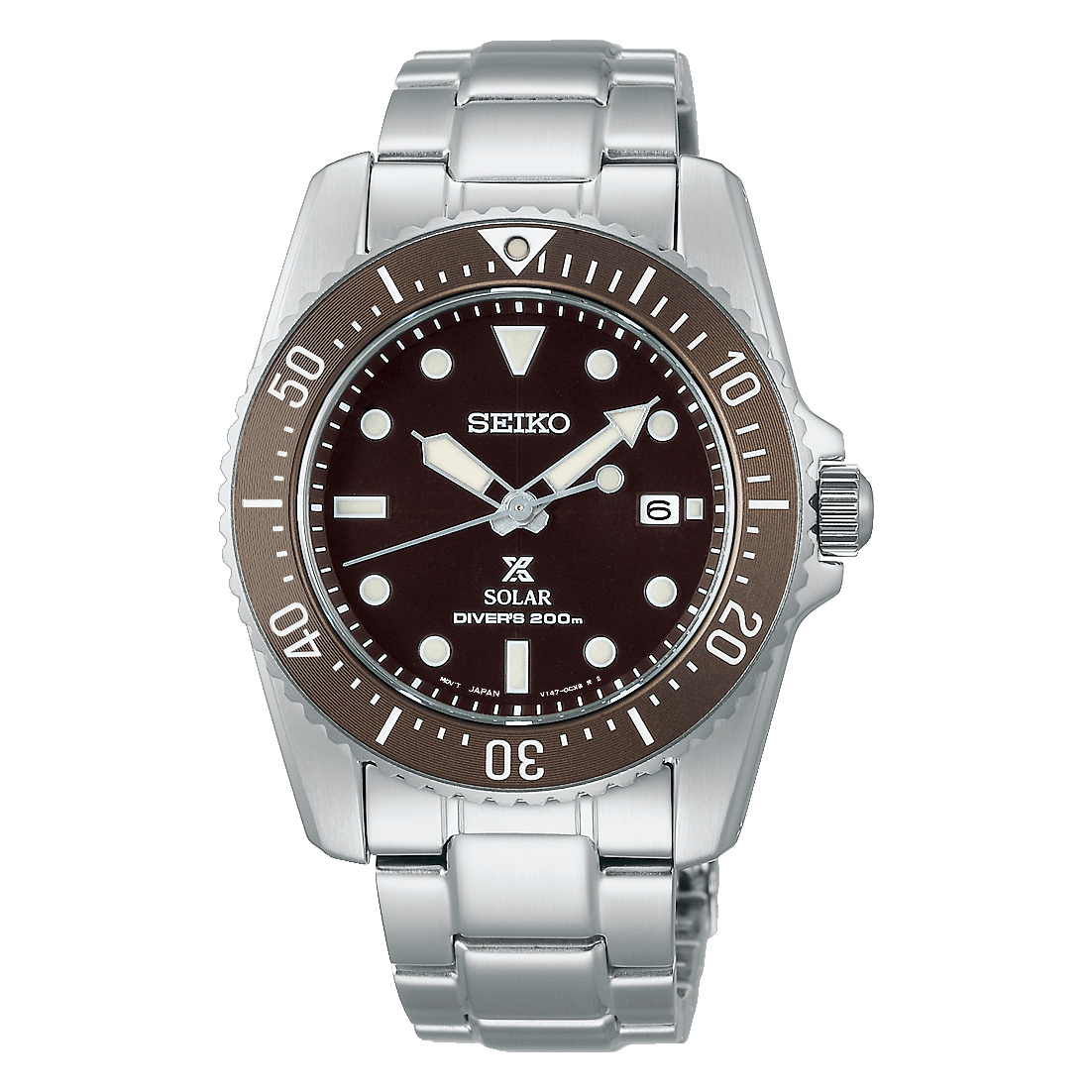 Seiko Prospex wristwatch wtih black dial brown bezel and steel case and bracelet