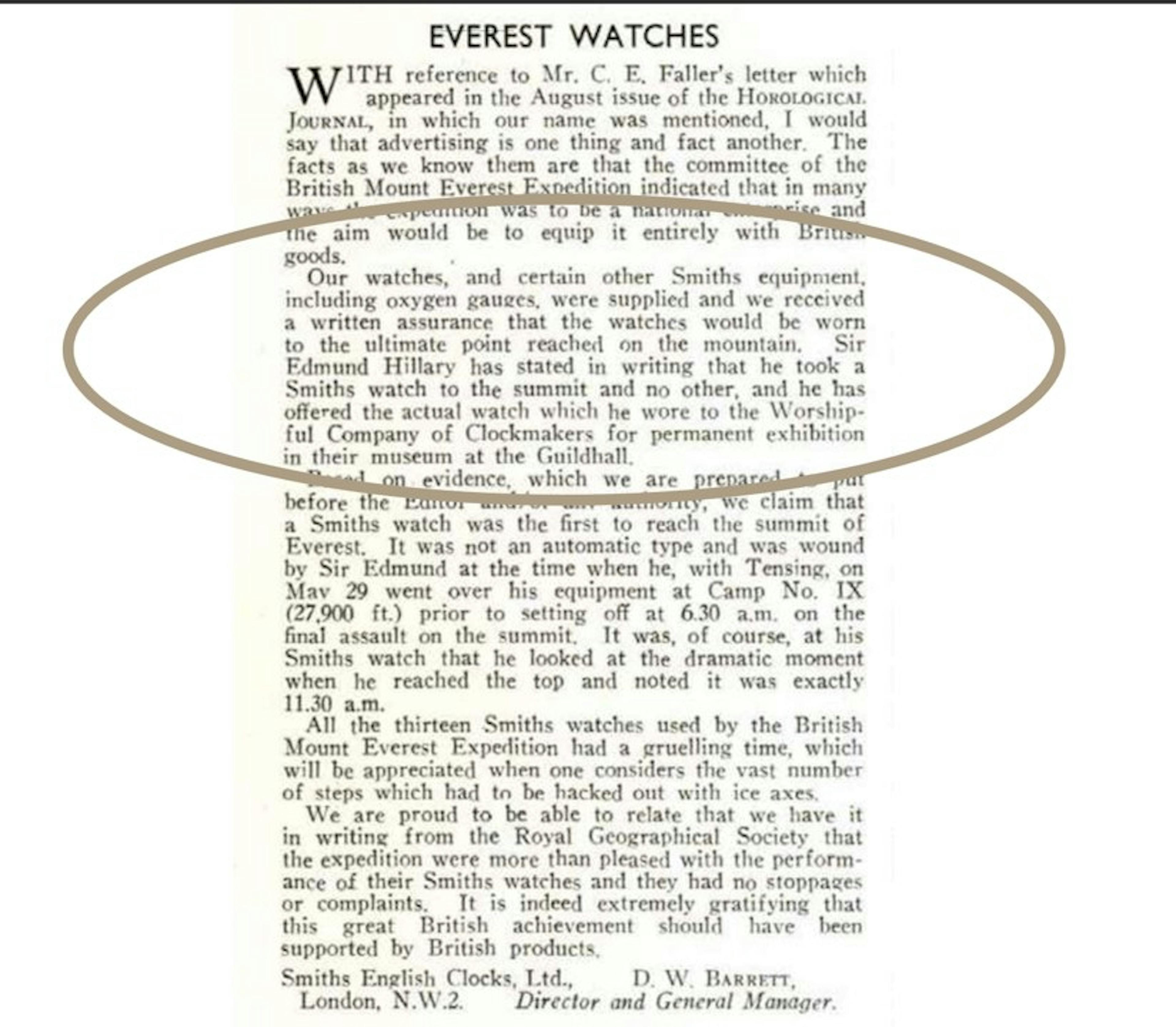 Article from the British Horological Institute Magazine in September 1953 with Smiths clearing stating Hillary wore a Smiths to the summit on May 29th 1953