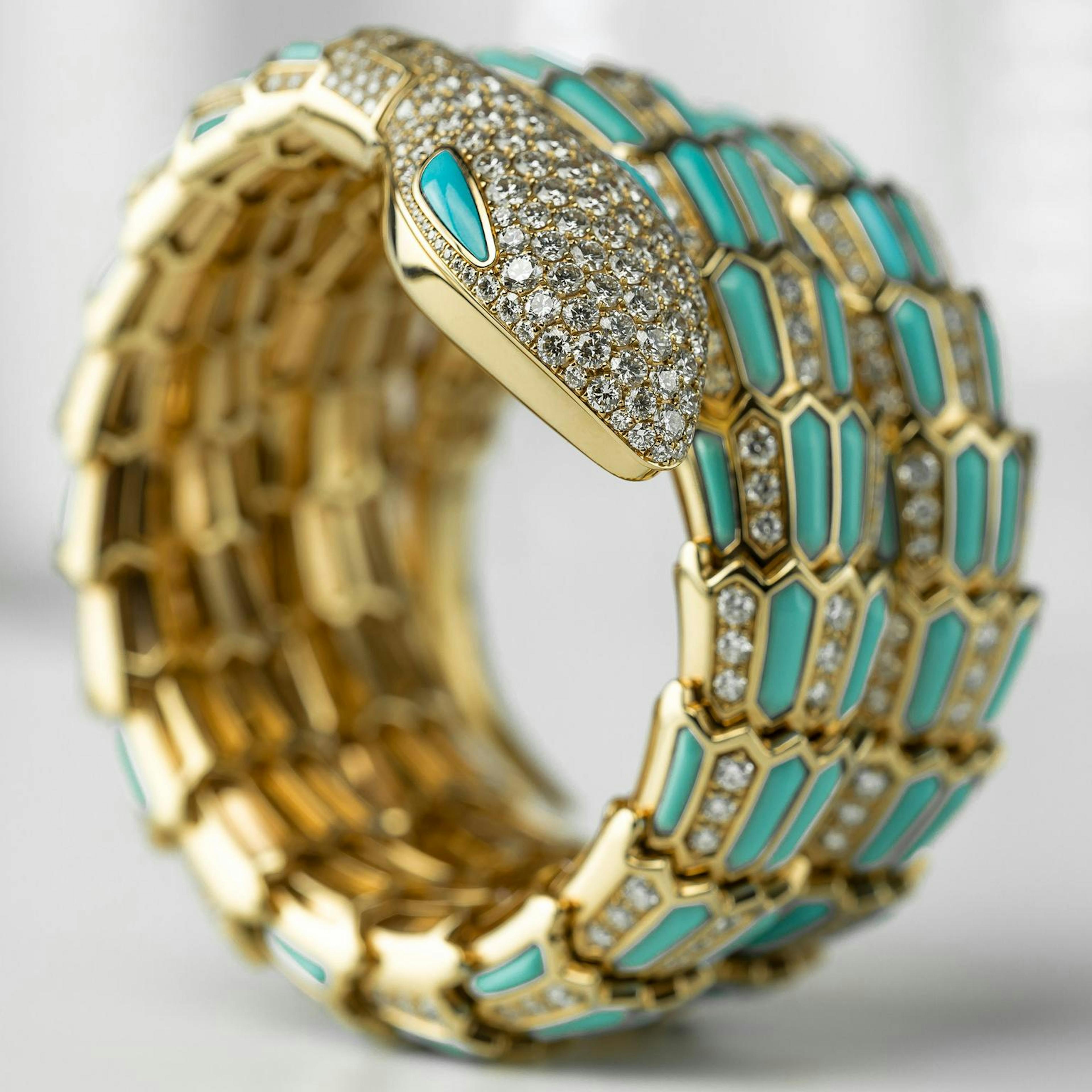 A Haute Joallerie Example of the Bulgari Serpenti. The watch is hidden in the head of the snake.