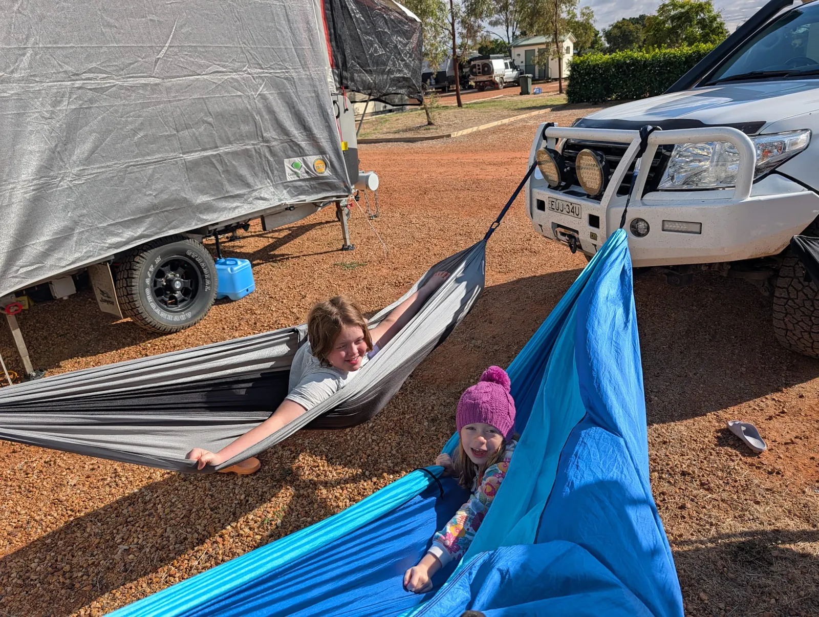 We worked out how to use the bull-bar and railing of the ensuite to set up the two hammocks Bob got me for Mother's Day (thanks for the inspo Claire G!) and I barely got 3 minutes in one before I was asked to vacate it so the children could play in it 😝