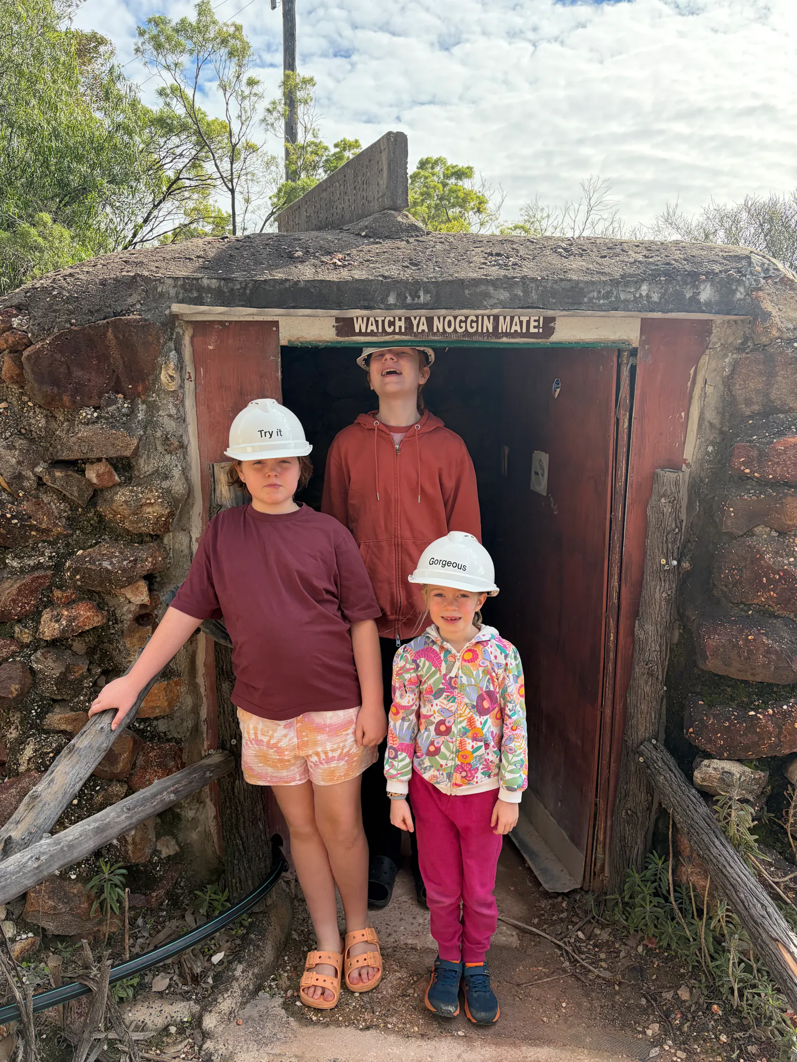 Hard hats on to check out the old mineshaft that has now been set up as a museum of sorts.