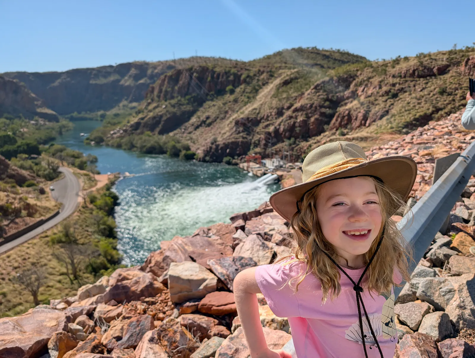 The title photo is all 5 of us standing at the top of the dam wall, looking over the lake. This is Josie standing on the other side of the dam wall, overlooking the water being released into the Ord River to feed the Ord Valley Irrigation system. 