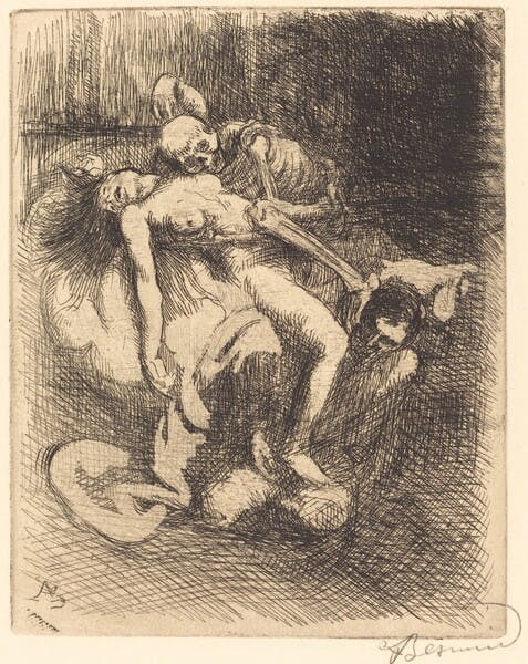 A sketch with lots of dark shadows showing a naked woman laying back and limp on a bed being mounted by a skeleton whose head rests on her breast. 