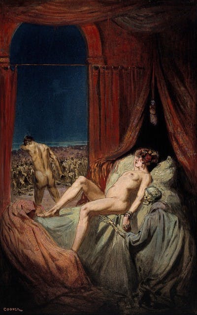 A naked woman lays back naked on a bed. On the closer side of the bed a skeleton is kneeling next to her. On the far side of the bed, a naked man walks away with his face in his hands, towards a crowd of bodies. 