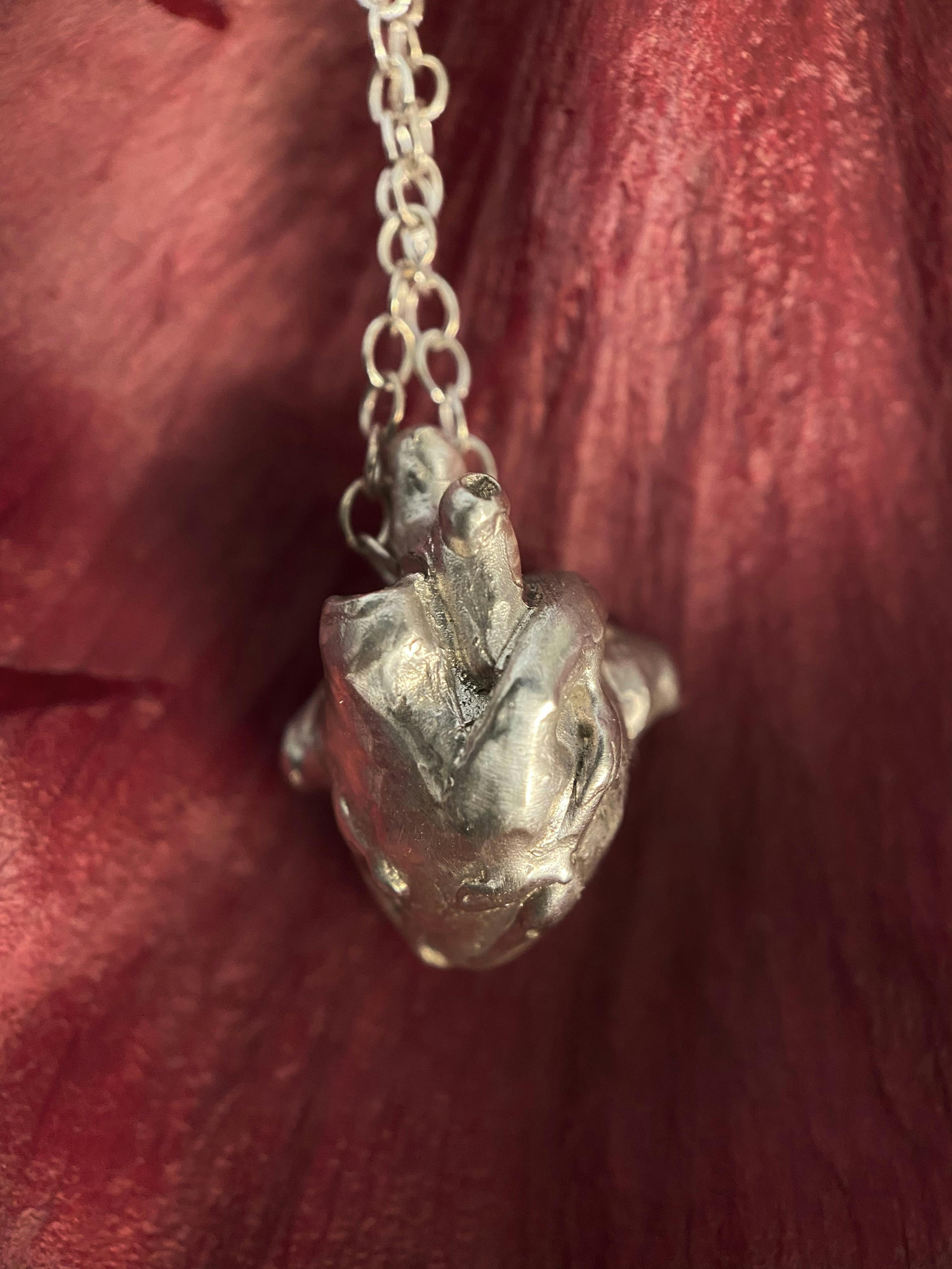 A close up photo of a small silver anatomical heart on a silver chain, laid on a petal.