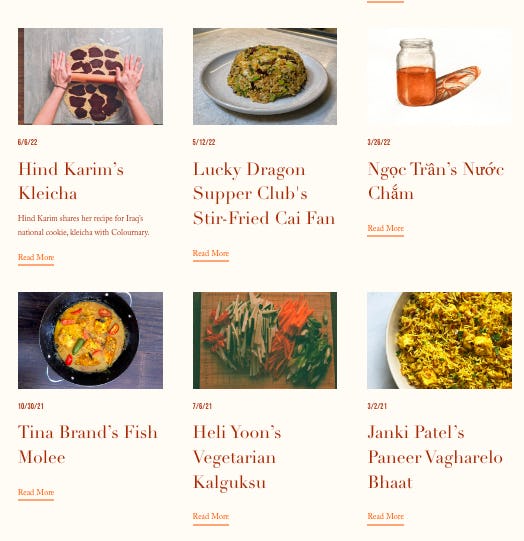 Screenshot of the recipes page on Colournary’s website
