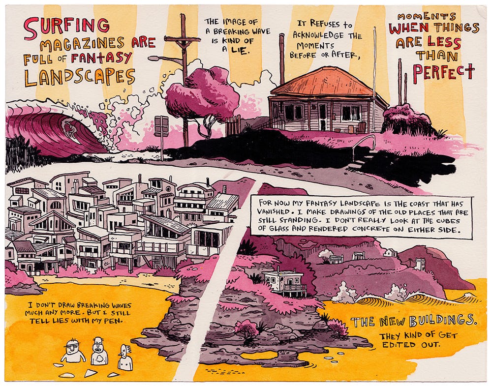 An excerpt from Pat Grant’s Vanish Coast. Various coastal buildings in sepia and sunset orange, pink, yellow colours