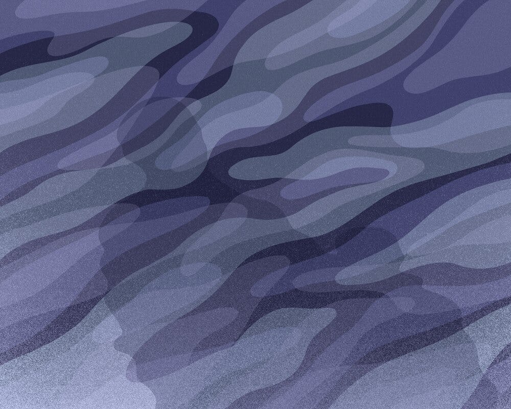 Artwork depicting a marbled purple, indigo, blue, and grey sea, the silhouette of a father and son visible on the surface. Artist: Lily Nie.
