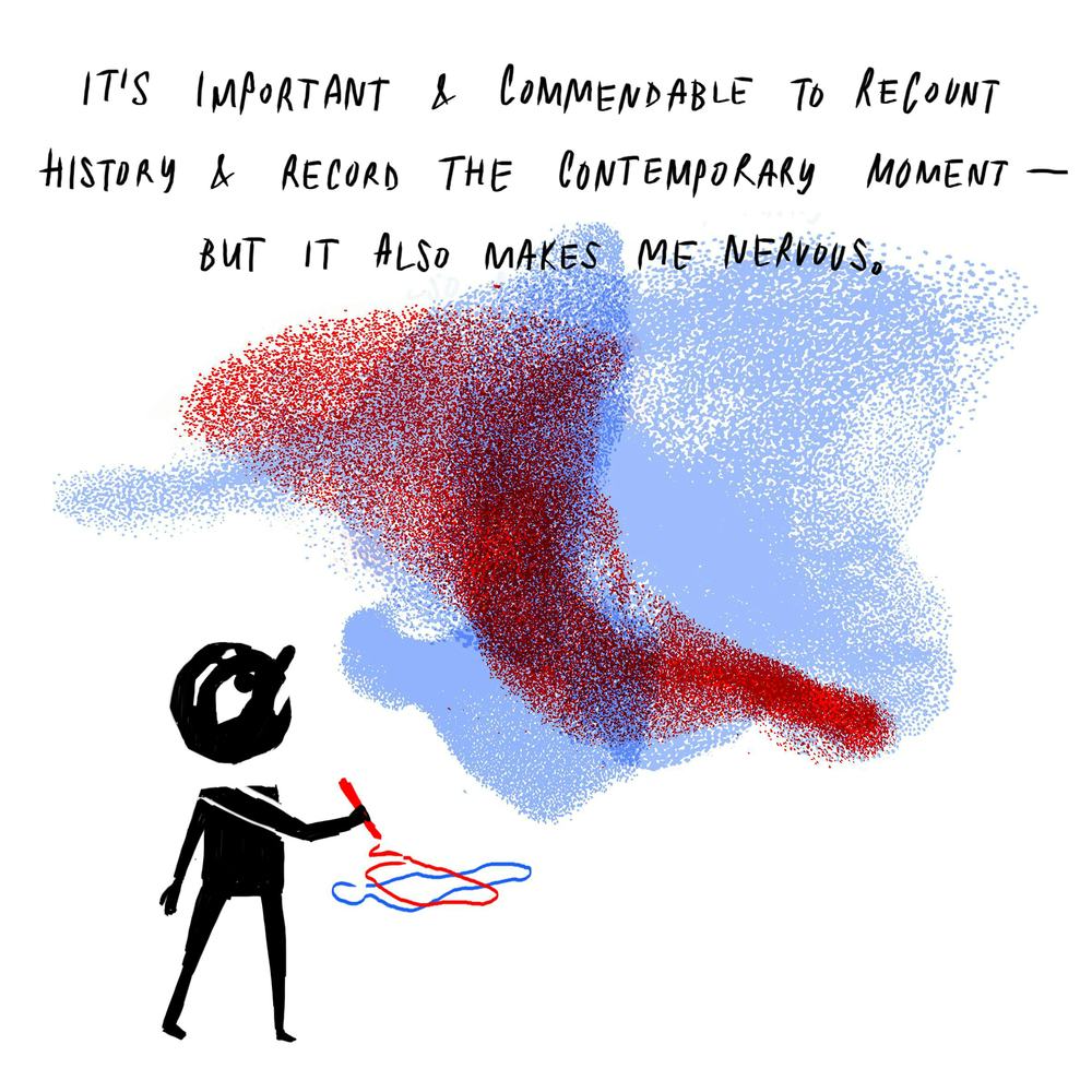A panel from Rachel Ang’s A Stone in the River. The narrator stares nervously, pen in hand, at the daunting task of drawing a map of the comics community, represented by a swirling pixelated cloud of red and blues.