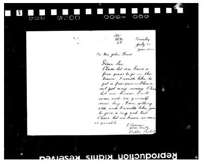 copy of a letter from Billie Kickett on July 21st 1900 to John Forrest 