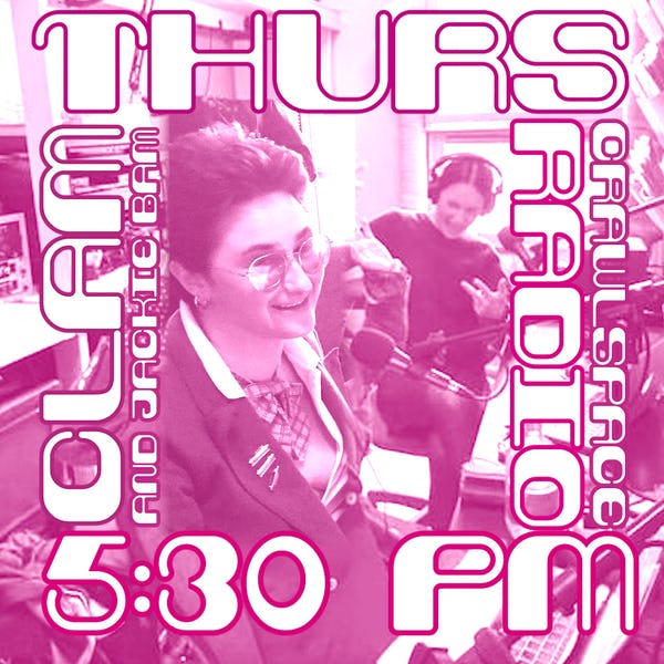 ‘Square podcast tile image washed in magenta featuring a photograph of a smiling short-haired person with glasses and a suit jacket, and a woman wearing headphones playing air guitar and laughing behind them, overlaid with the text ‘CLAM AND JACKIE BAM / THURS 5:30PM / CRAWL SPACE RADIO’ (credit: none given)