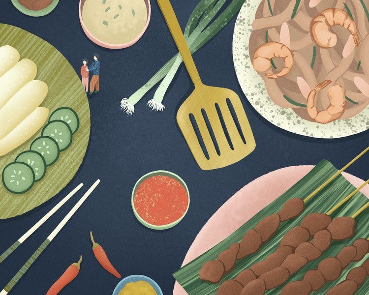 Artwork portraying a bird’s eye view of a table bearing skewers of sate, char kway teow and chicken rice, chili sauce, clear soup, chilies, spring onions, a spatula, chopsticks, and and two small figures at a plate’s edge. Artist: Paperlily Studio