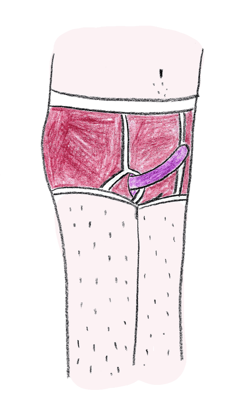 Artwork by Mira Schlosberg. A drawing of a torso with stubbly legs in red briefs with a magenta dildo sticking out of the fly. 