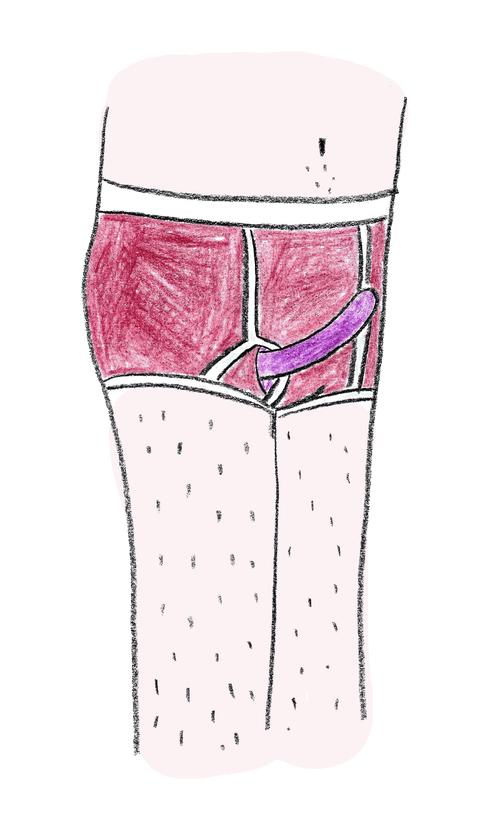 Artwork by Mira Schlosberg. A drawing of a torso with stubbly legs in red briefs with a magenta dildo sticking out of the fly.