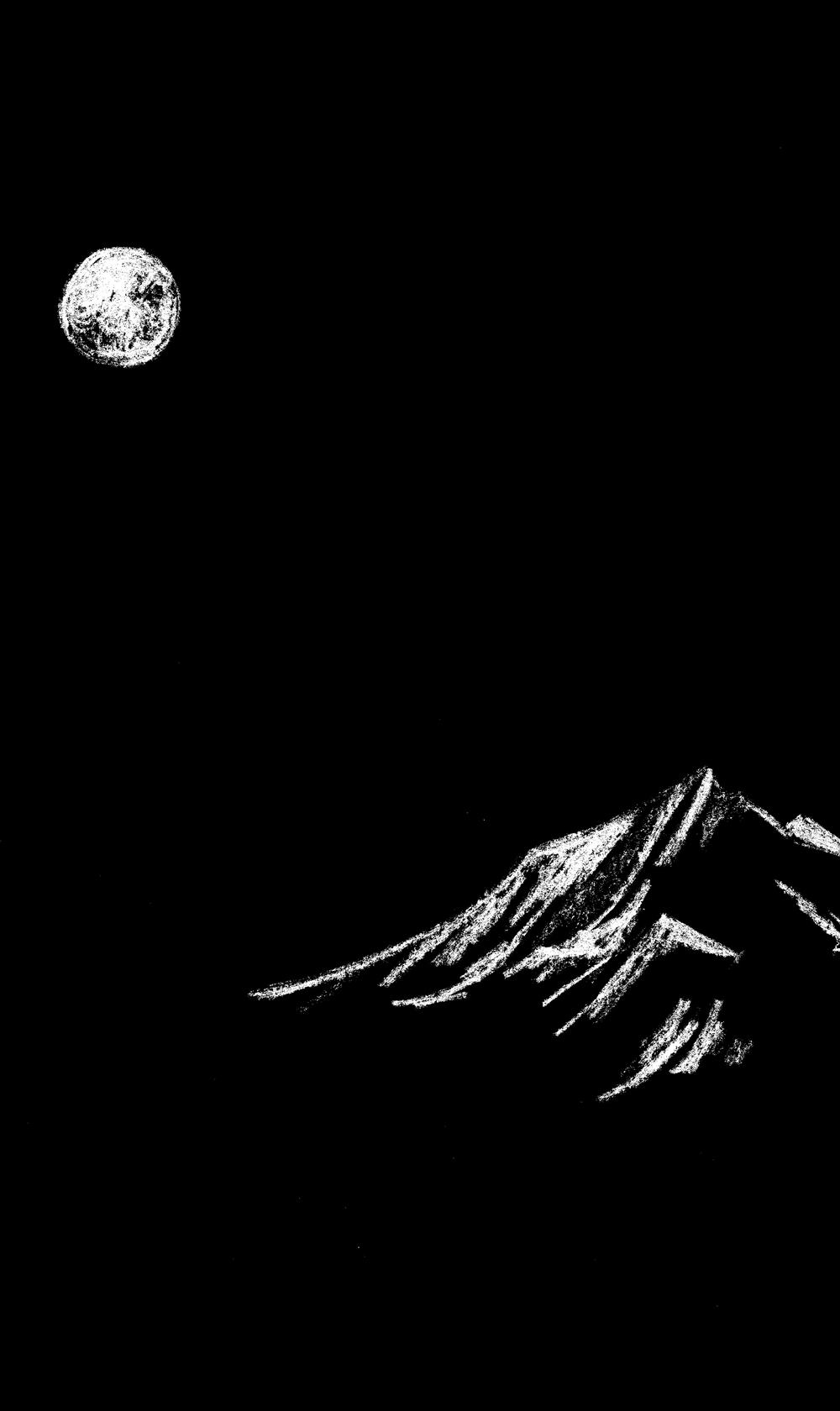 Artwork by Leonie Brialey: in white chalk on a black background, a small solitary full moon to the left hanging over a small clump of mountains to the right 
