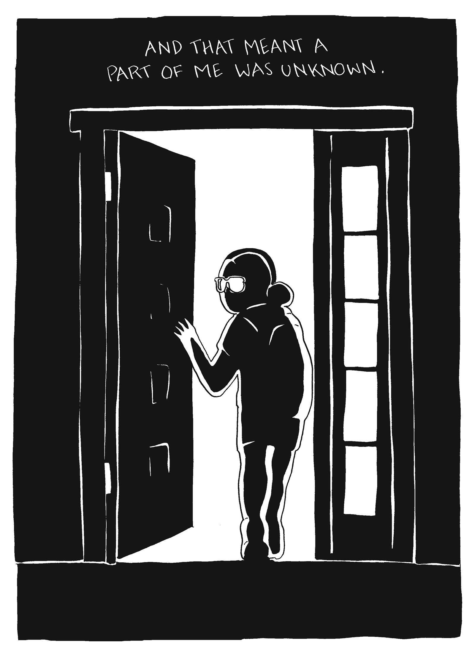 A panel from Meg O’Shea’s A Part of Me is Still Unknown. The narrator, in silhouette, stands backlit in a doorway surrounded by darkness