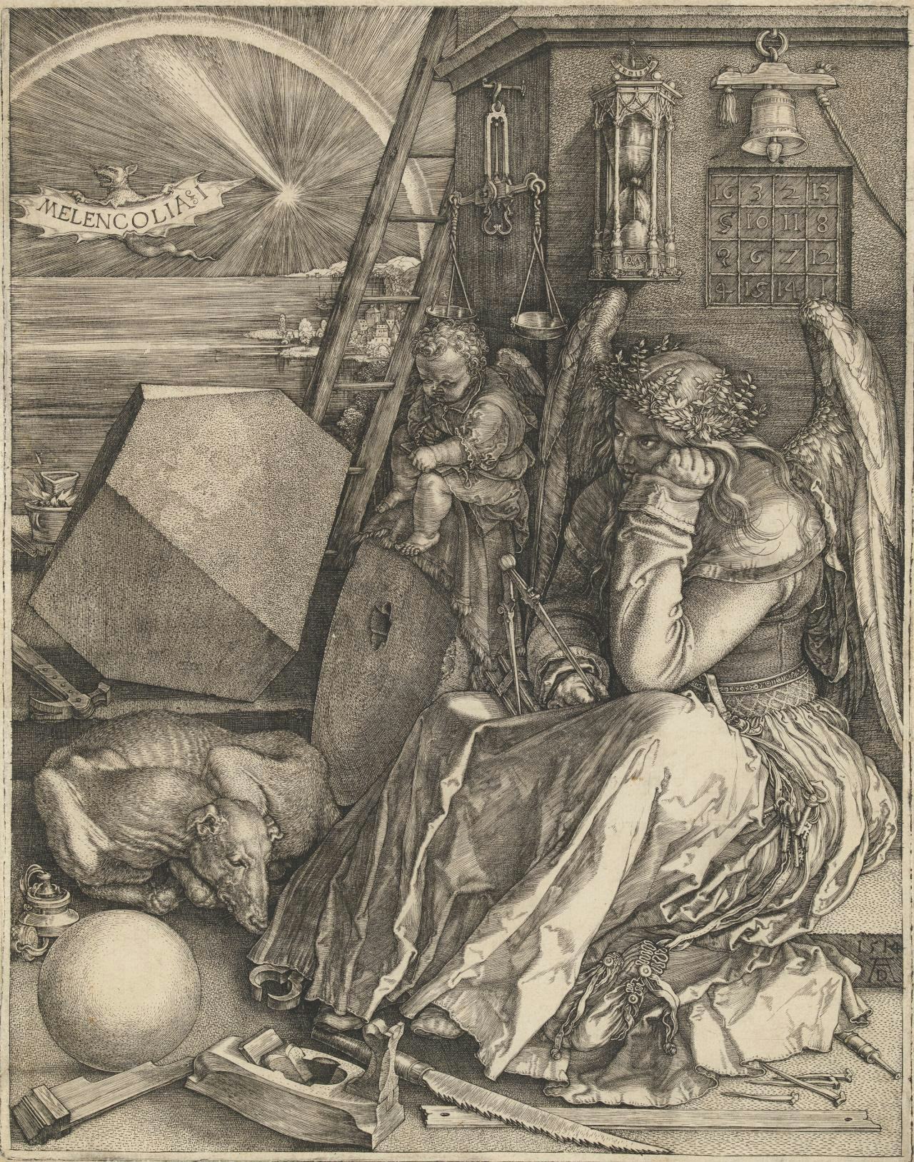  The artwork ‘Melencolia I’, a 1514 engraving by the German Renaissance artist Albrecht Dürer. ‘A sixteenth-century interpretation of daydreaming, showing a melancholic, brooding figure lost in thought.’ 