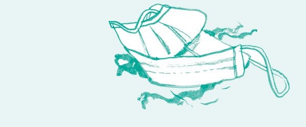 Artwork: a surgical mask, slightly folded, in white and teal
