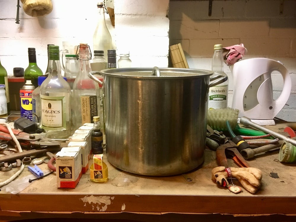 The remains of Senior Di Fonzo’s booze-making station AKA the garage. Photography by Melita Rowston.