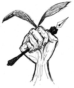 Sketch of a raised fist clutching a pen and a plant sprouting leaves.