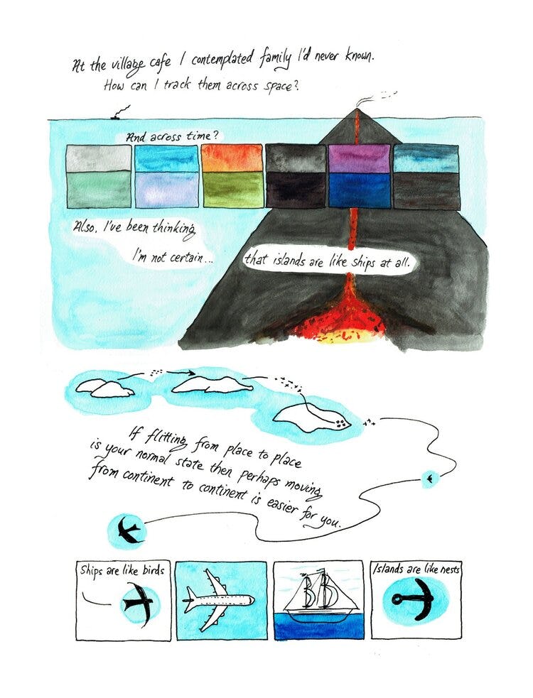 A panel from Joshua Santospirito’s Islands and Ships (which is an excerpt from his work Swallows Part Two). A volcano; a swallow hopping from island to island; a swallow transforming into a plane, then a ship, then an anchor.