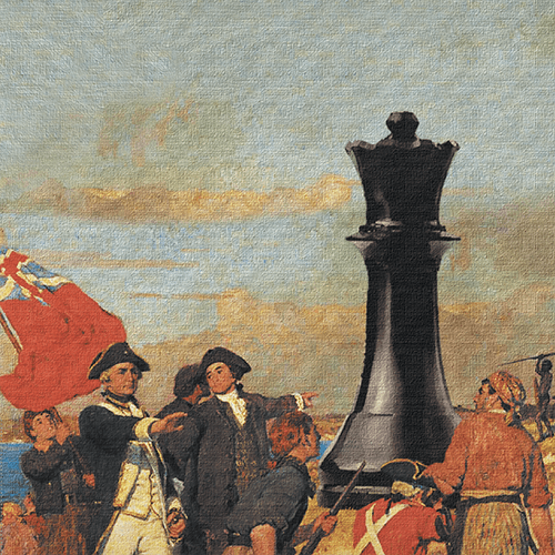 A painting of British colonists in the shadow of a towering chess piece, a black queen.