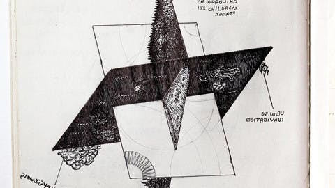 A page from Armaan Maharaj's notebook bears a diagram of several abstract planes intersecting. Some of the planes have a grassy texture while others feature fungal growths. Maharaj has labelled sections of the diagram with backwards handwriting.