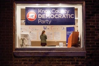 Kenyon student Emma Welsh-Huggins in the Knox County Democratic Party office