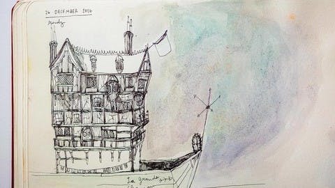 A watercolor sketch of a fantastical house-boat from Nourie's notebook