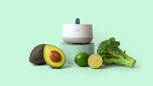 A staged photograph of a COR console with healthy foods