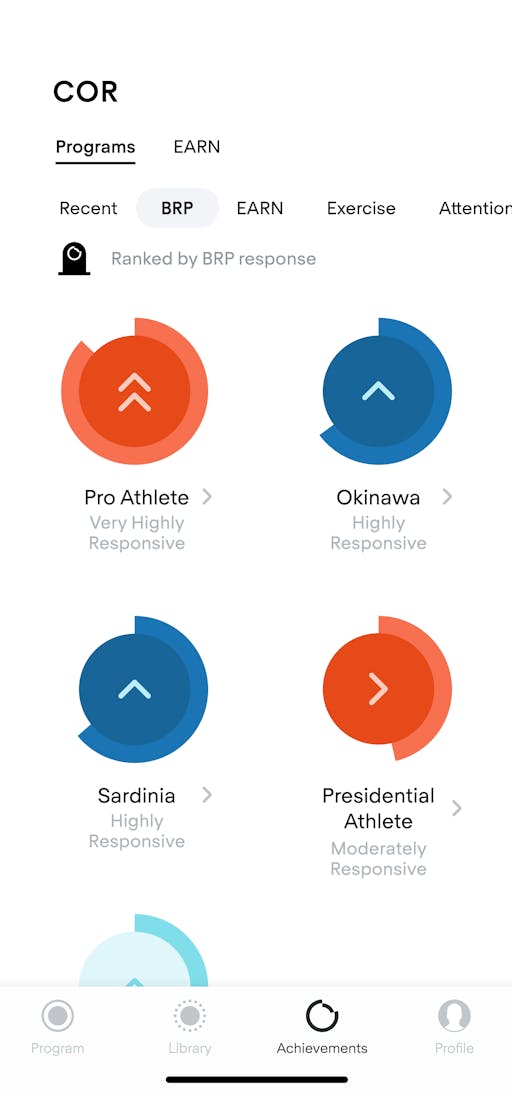 COR iOS app screen displaying achievements