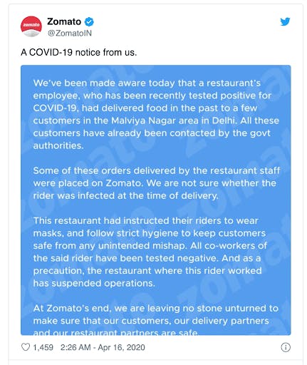 Indian delivery app Zomato coming forward with news of delivery person being infected