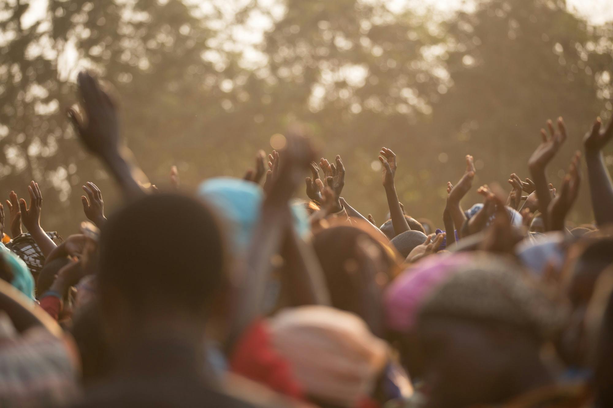 A large crowd of people raising their hands, with blurred figures and sunlight filtering through the trees in the background.