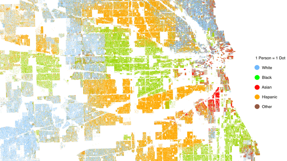 Different colored dots showing racial residential segregation in Chicago