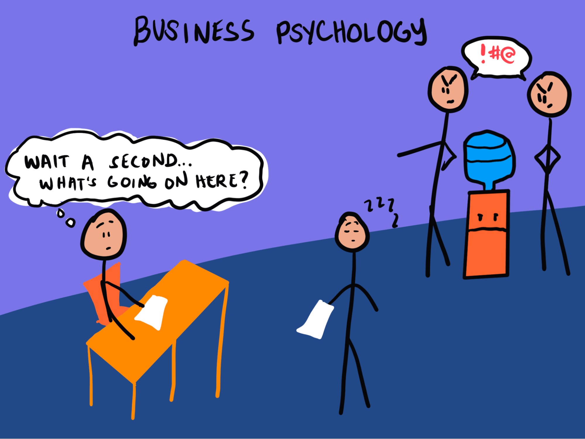 A stick figure new employee with a thought bubble over the head at your desk slightly looking over to others, something like “Wait a second… what’s going on here?” Meanwhile, some workplace bullies at the watercooler, and another coworker who is clearly bored out of their mind.