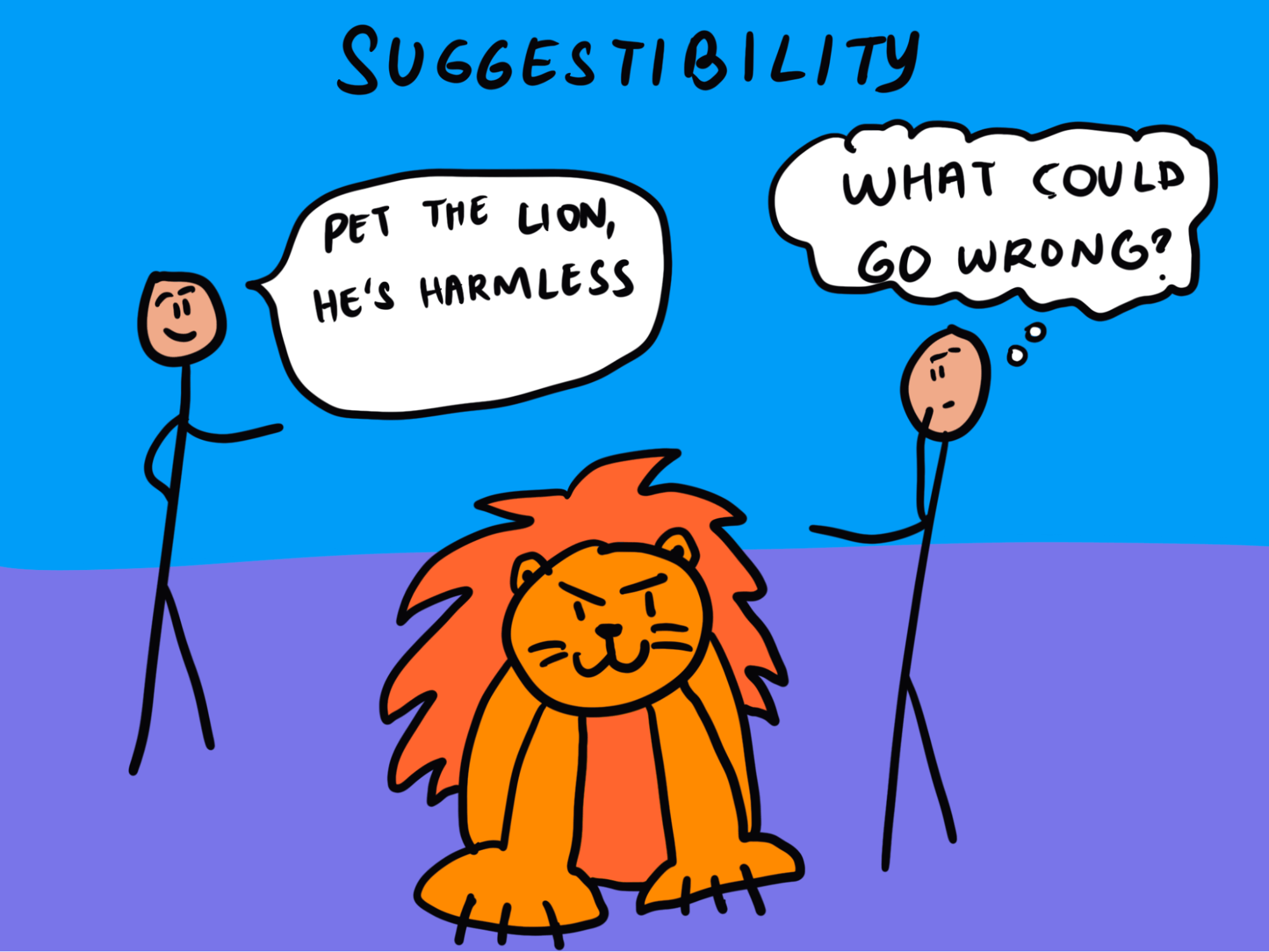 suggestibility cartoon of a man petting a lion