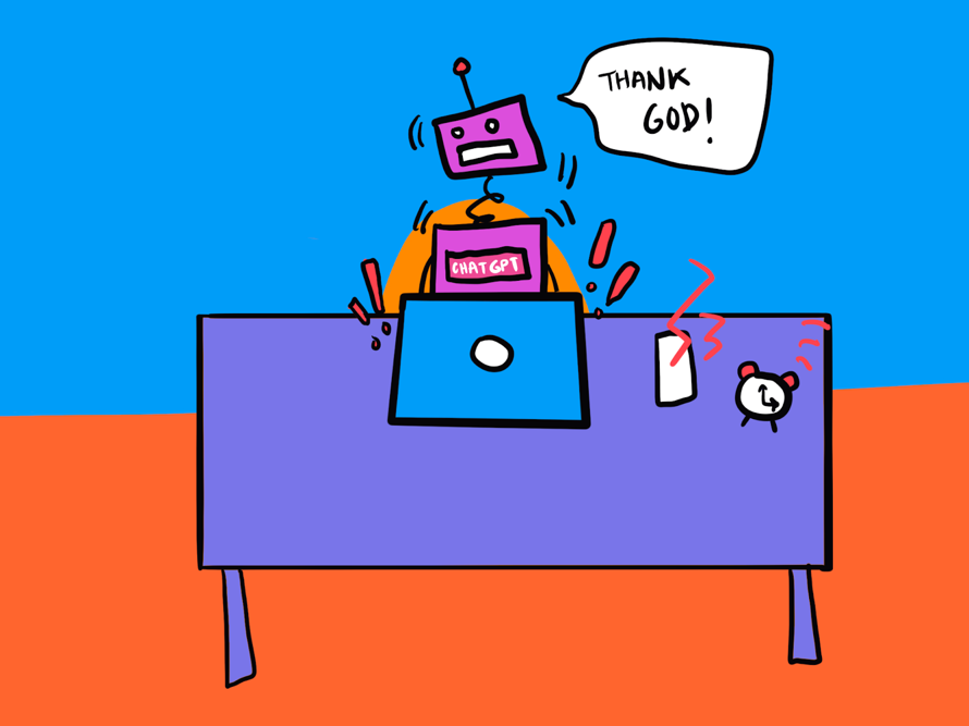 doodle of a robot with a text bubble that says "Thank God!"