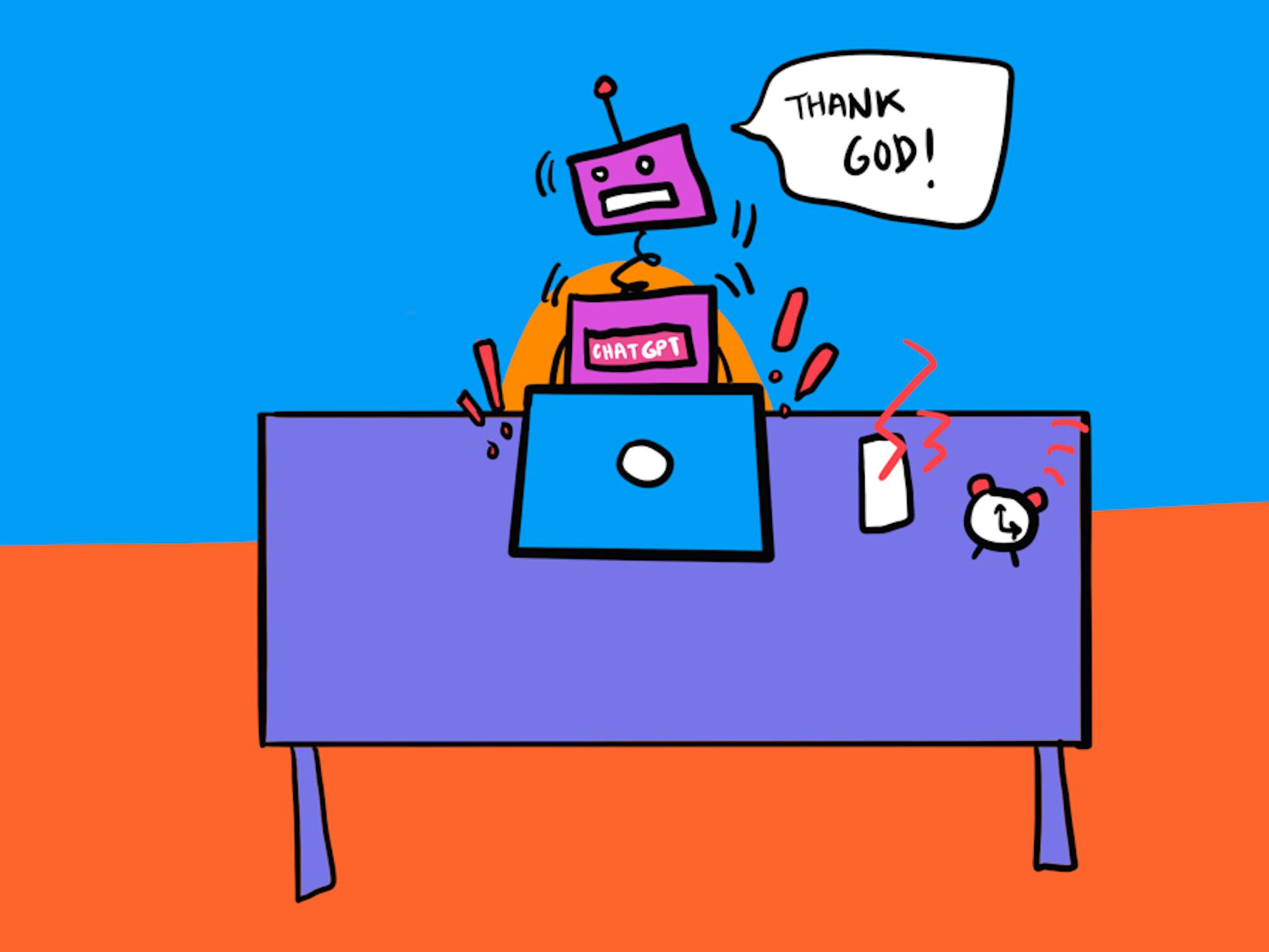 doodle of a robot with a text bubble that says "Thank God!"