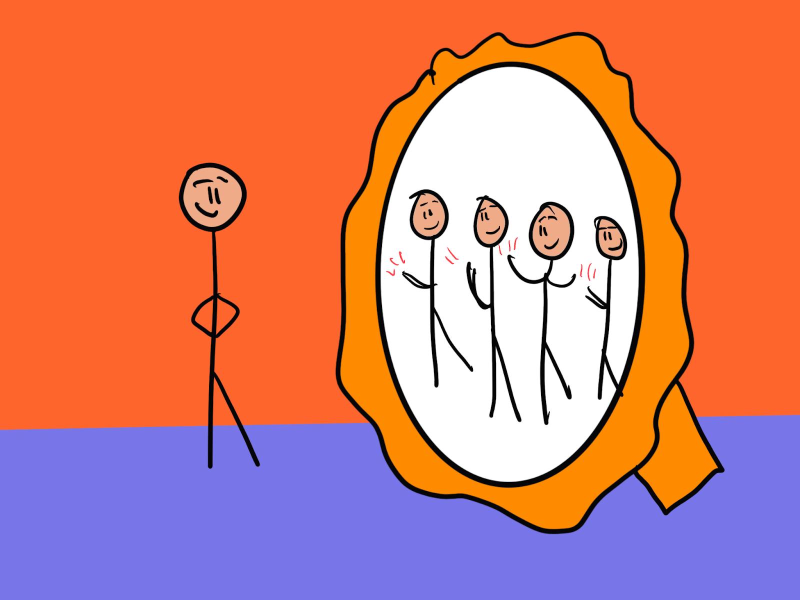 A stick figure stands confidently, smiling with hands on hips, looking into a large mirror. Inside the mirror's reflection are multiple versions of the same stick figure, all smiling and applauding. The background is split into orange at the top and purple at the bottom.