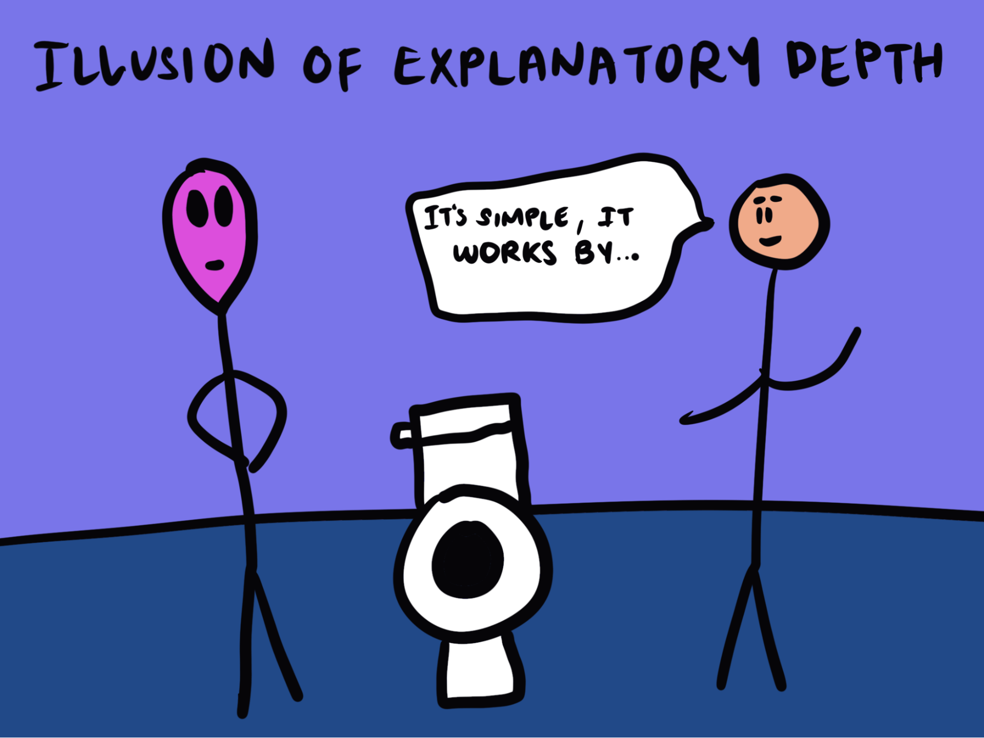 doodles of a person and an alien standing next to a toilet. the person says 'it's simple, it works by...'