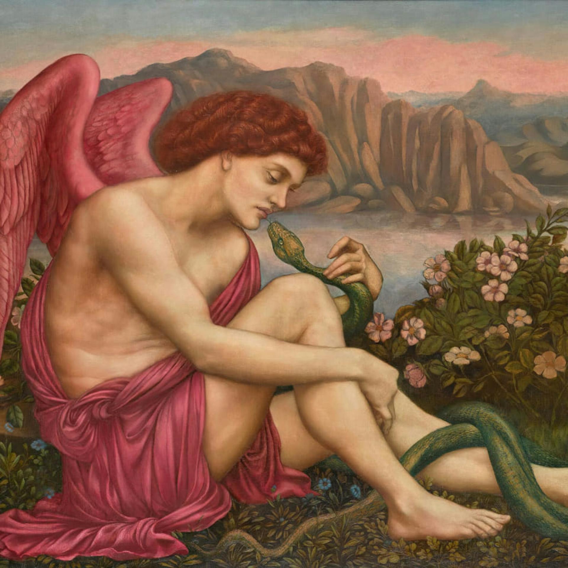 Art portraying an angel kissing a serpent.