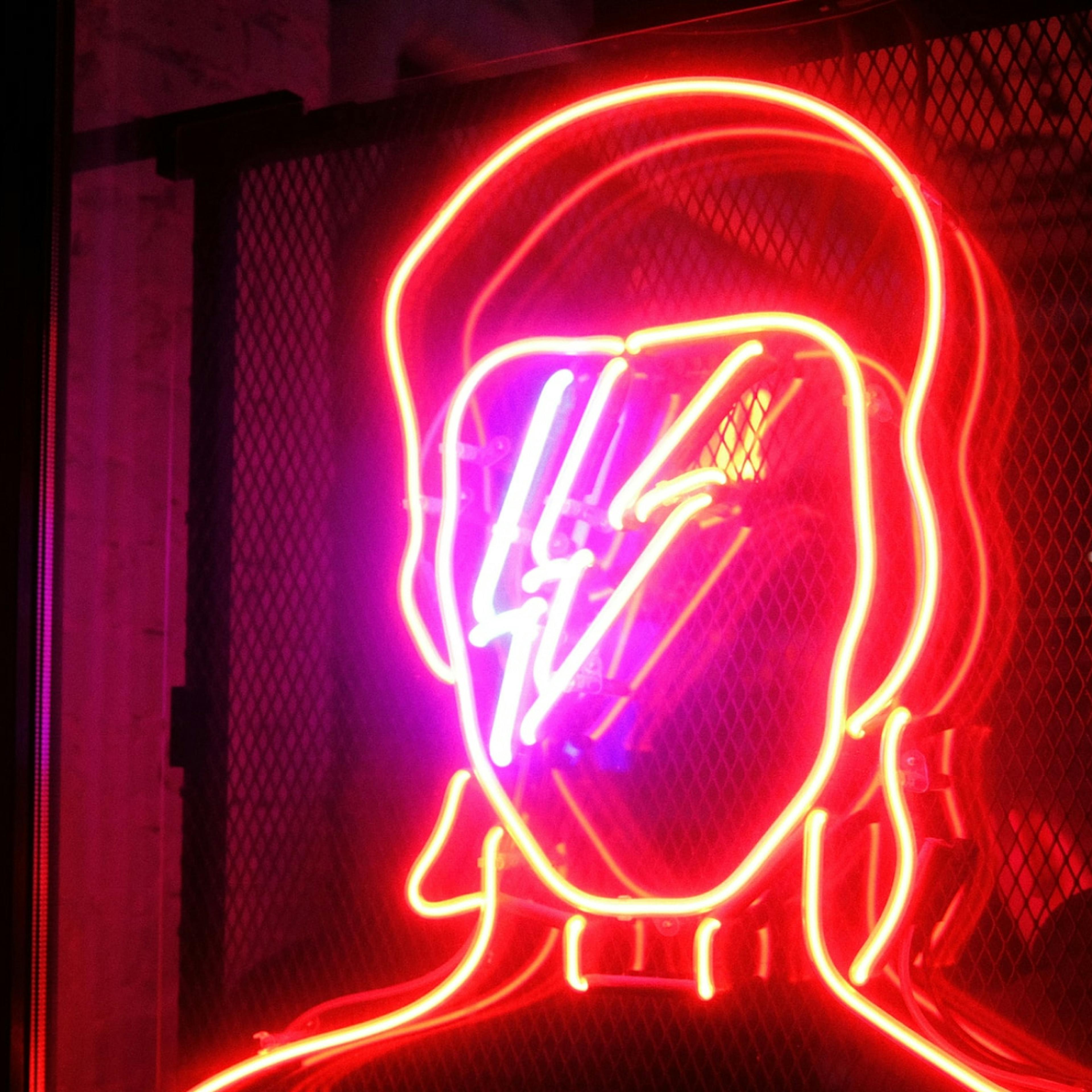 A neon sign of David Bowie's androgynous alter ego, Ziggy Stardust.