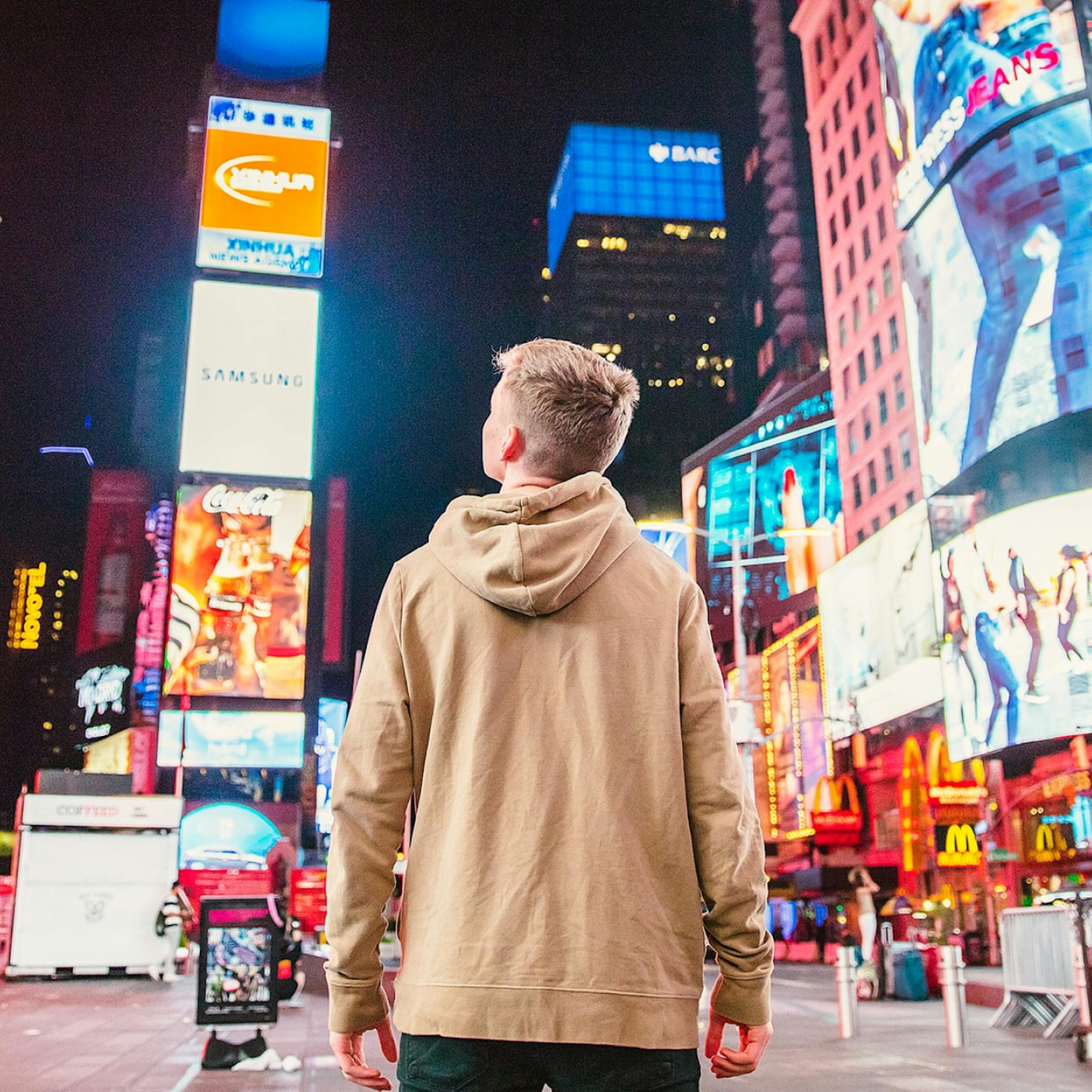 A young person from the rural Midwest experiences Times Square for the first time.