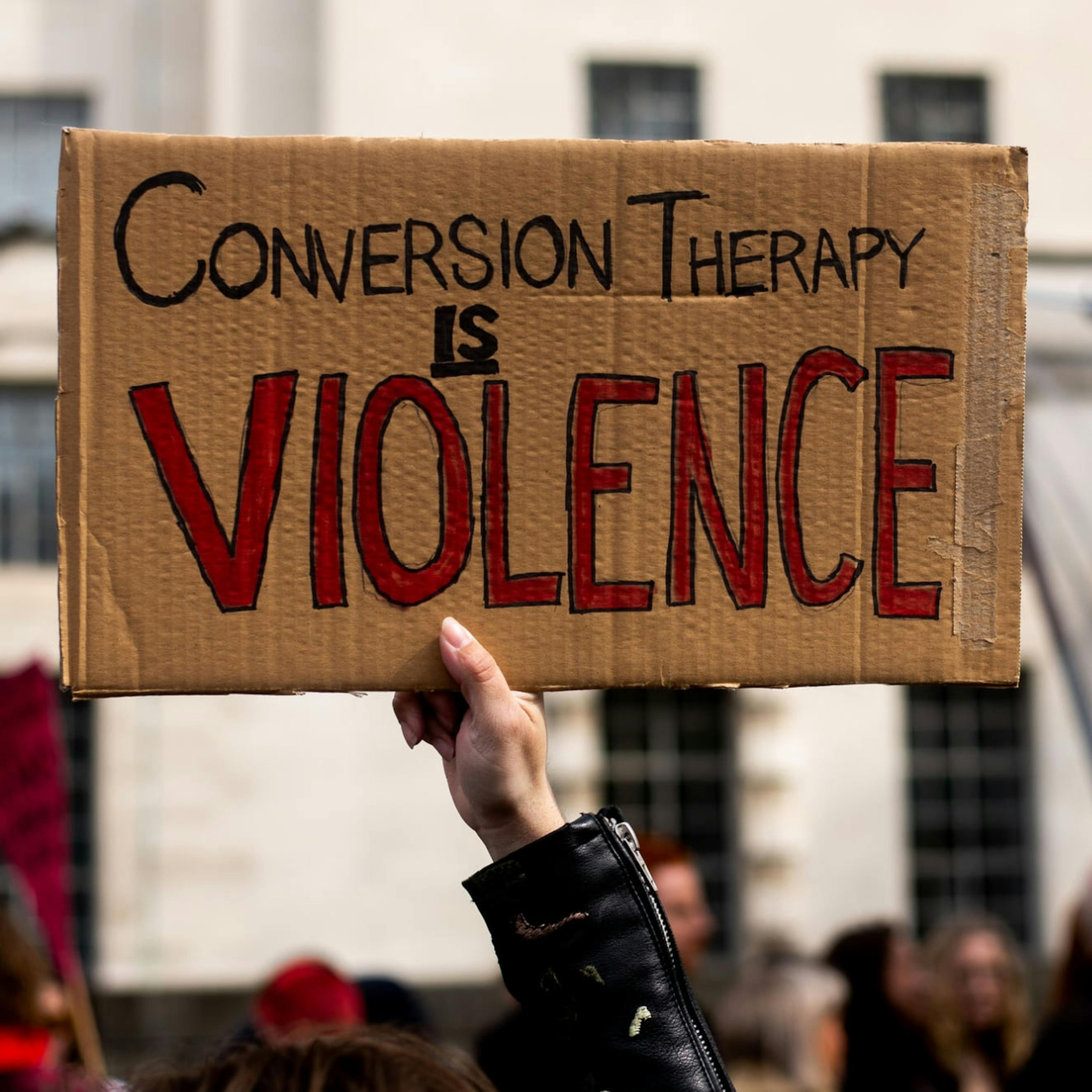 A protester holds a sign stating "conversion therapy is violence".