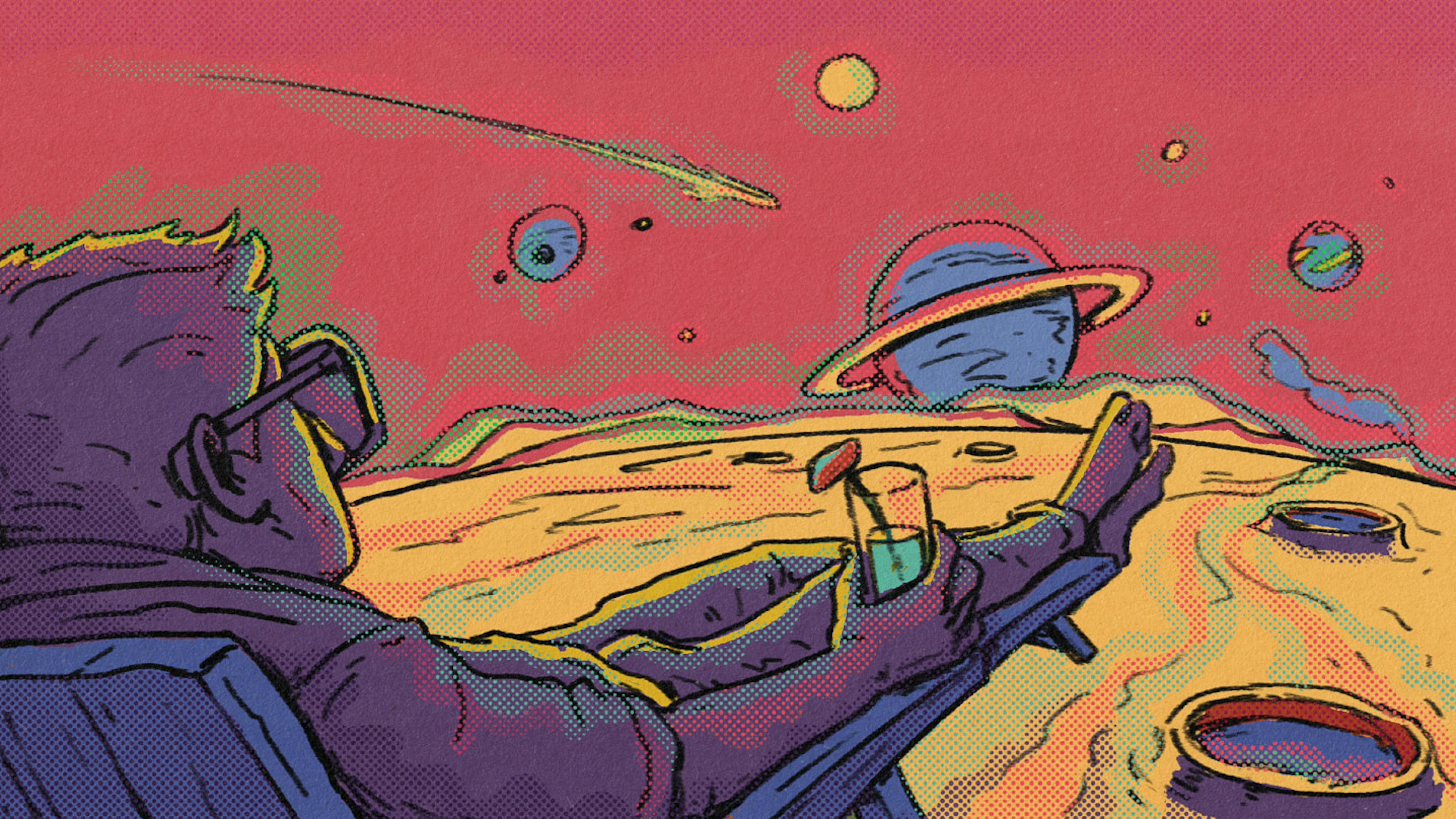 A trippy illustration of a young man in a lounge chair on the moon overlooking the solar system.